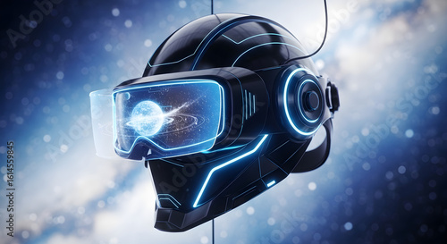 A futuristic black VR headset with blue glowing accents, displaying a planet in space.