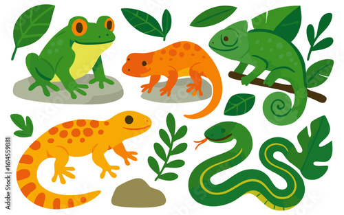 Vector art of a lively assortment of colorful reptiles and amphibians like frogs, geckos, a chameleon, and a snake isolated on transparent background