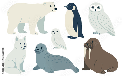 Vector art of a charming collection of arctic animals including a polar bear, penguin, snowy owl, arctic fox, seal, and walrus isolated on transparent background