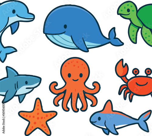 Vector art of a collection of cute cartoon sea creatures including a dolphin, whale, turtle, shark, octopus, starfish, crab, and fish isolated on transparent background