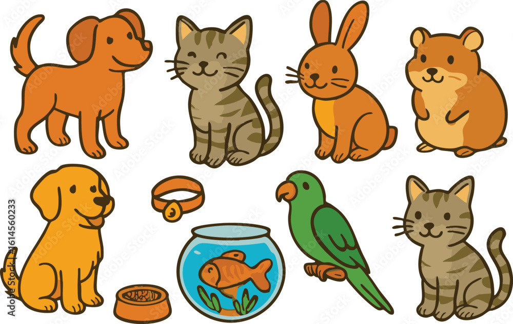 Fototapeta premium Vector art of a collection of cute cartoon pets including dogs, cats, a rabbit, hamster, and parrot isolated on transparent background