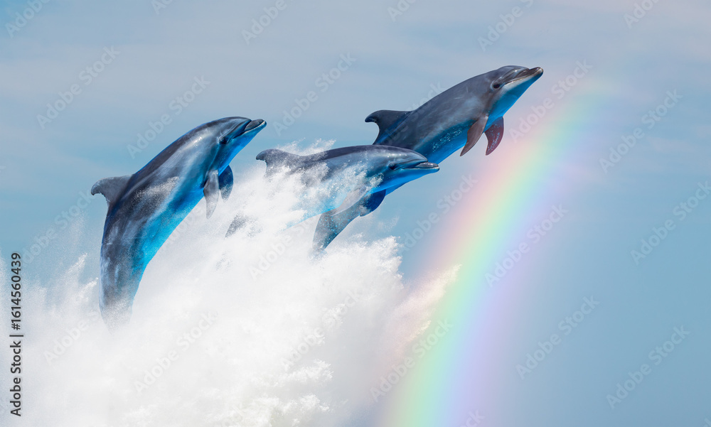 Fototapeta premium Group of dolphins jumping up from the sea wave with rainbow