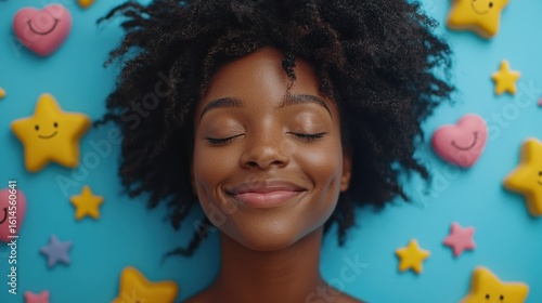 A joyful woman resting, surrounded by cheerful shapes