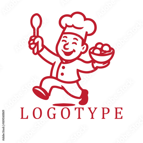 Playful red and white logo of a dancing cartoon chef holding a bakso bowl in one hand and a soup spoon in the other. The bold line art captures joyful movement and culinary energy with minimal yet e