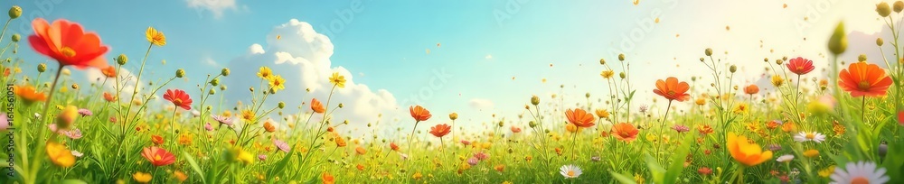 Fototapeta premium A vibrant summer meadow swaying gently in a warm breeze, sun-drenched wildflowers dancing in the wind Perfect for illustrating carefree summer days and nature's beauty , green, rural