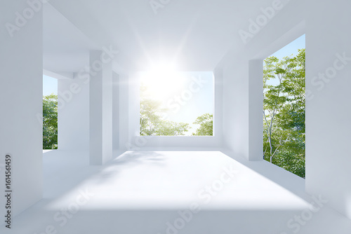 Bright white modern architectural hallway with large windows revealing lush green trees and sunlight streaming through