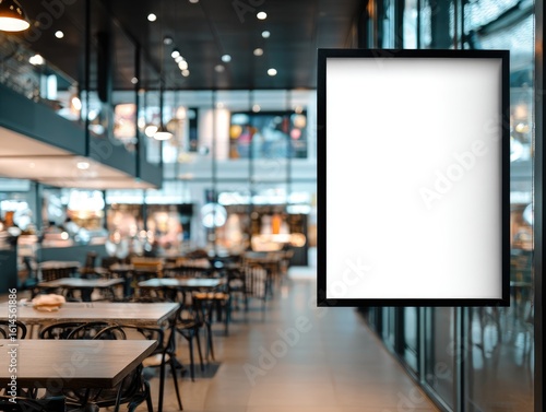 A blank vertical poster hangs in a modern food court, showcasing tables, chairs, and a blurred background of upper-level shops