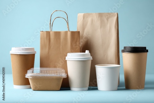 A collection of brown paper food containers, bags, and disposable coffee cups sit on a light blue surface, suggesting takeout or delivery