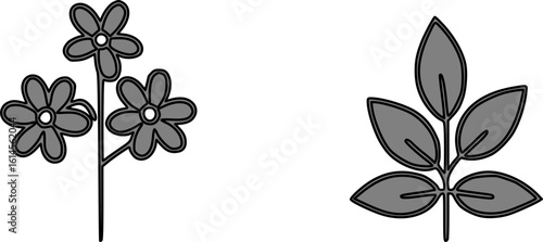 Simple black and white illustration of a flowering plant and a leafed stem.