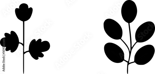 Two stylized plant illustrations with black leaves and stems, isolated.