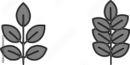 Two stylized plant stems with leaves, one sparse and one dense, depicted in grayscale.