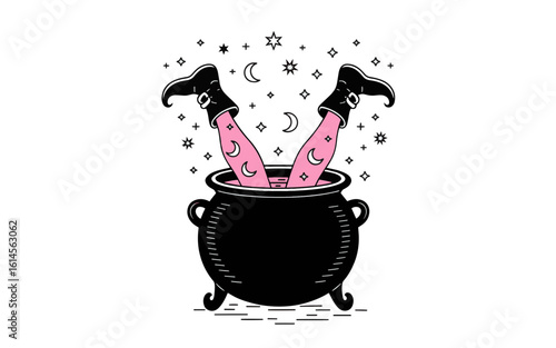 A stylized illustration of a black cauldron with two
witch legs emerging from it