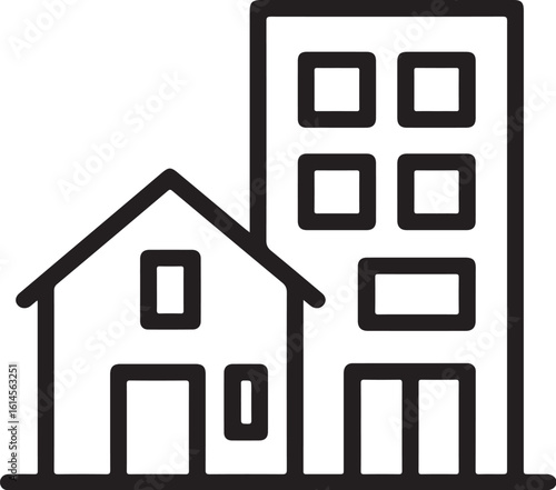 A vector illustration of a simple line drawing of a house next to a taller building, isolated on white background