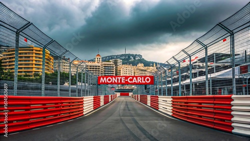 Monte Carlo Formula 1 street circuit with red and white barriers and Monaco city skyline under cloudy sky
