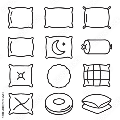 pillow icon set with 12 black outline shapes including moon and star design