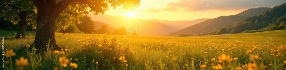 Obraz premium Serene landscape bathed in golden sunlight, conveying a sense of peace and spiritual refuge; perfect for meditation, mindfulness, and well-being themes , vibrant, spiritual, healing