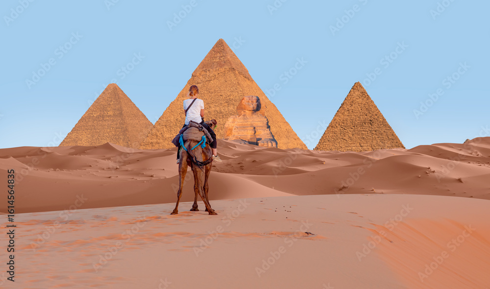 Fototapeta premium Camels in Giza Pyramid Complex - A woman in a red turban riding a camel across the thin sand dunes - Cairo, Egypt