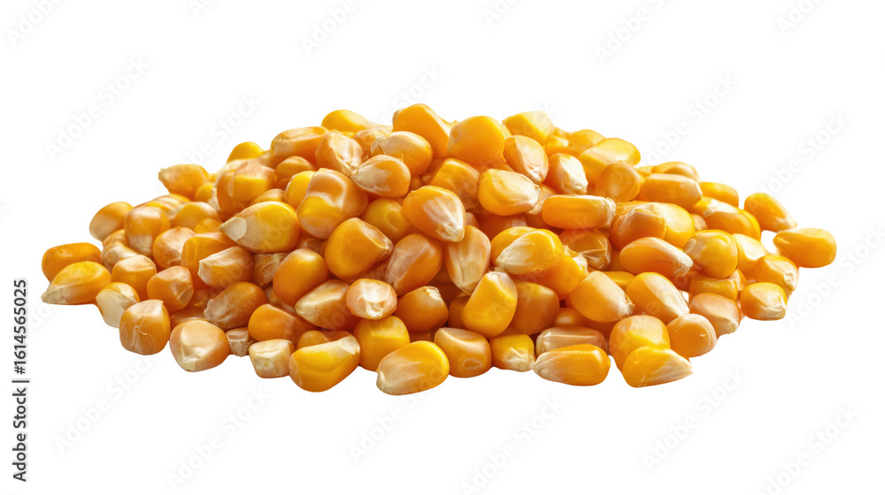Pile of bright yellow corn kernels with white tips isolated on a transparent background maize grain Pile of bright yellow corn kernels with white tips isolated on a transparent background maize grain