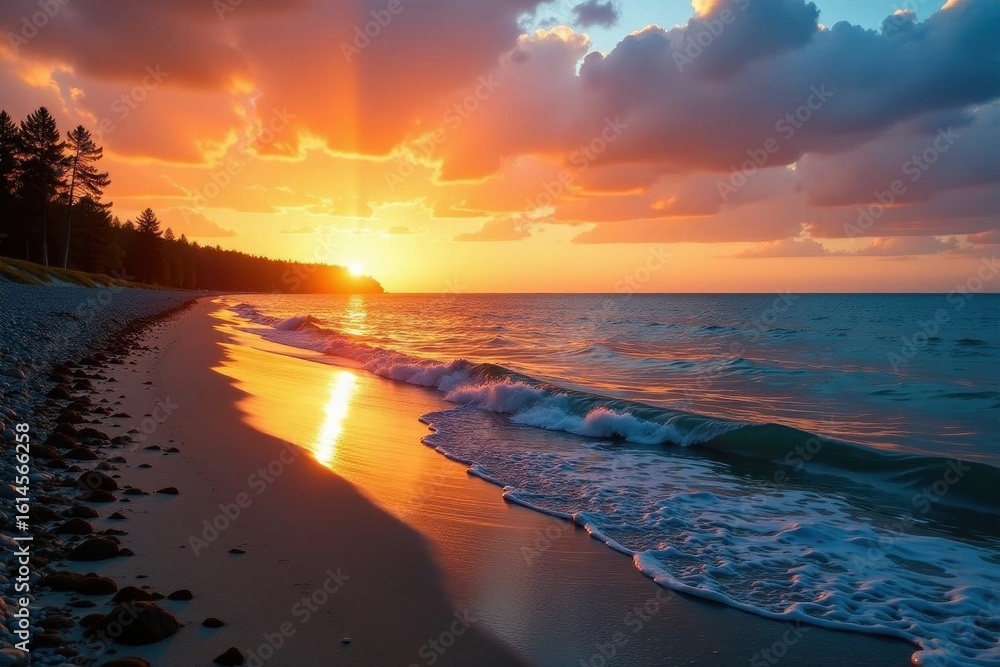 Fototapeta premium Lake Michigan shoreline bathed in golden sunset hues , landscape, summer, orange