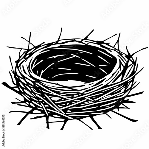 Vector art of a simple black and white vector illustration of a bird nest made of twigs and branches