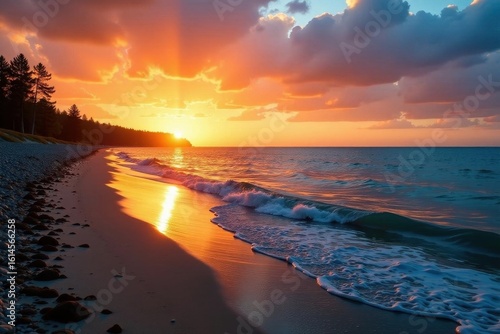 Lake Michigan shoreline bathed in golden sunset hues , landscape, summer, orange