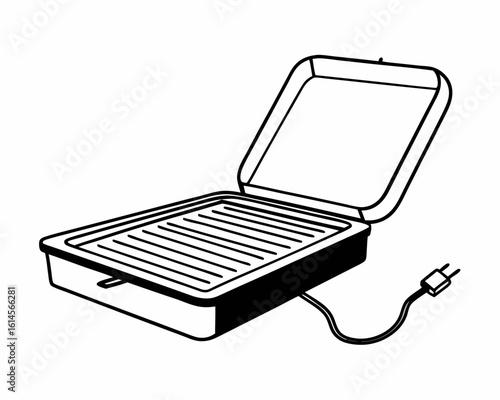 Vector art of a portable electric grill with an open lid ready for cooking indoors on a tabletop