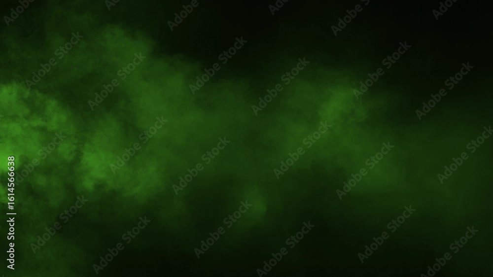 A jet of thick green smoke shoots across the screen from the side on a black background. Ideal visual effect for overlays, transitions, and dynamic motion graphics