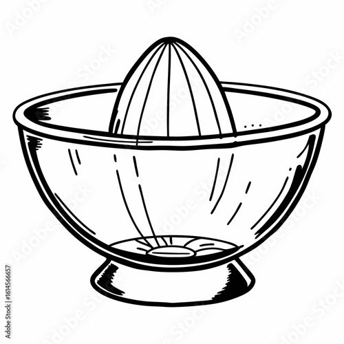 Vector art of a manual citrus juicer with a fluted cone sits inside of a glass bowl for extracting juice