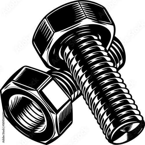 Vector art of a close up of a bolt and nut showing industrial strength and mechanical engineering design