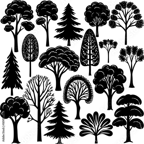 Vector art of a diverse collection of tree silhouettes showcases the beauty and variety of arboreal forms