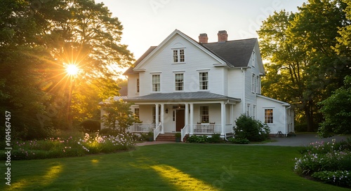 Houses in suburb with  in the north America. Luxury houses with nice white and pink coloured landscape.