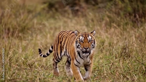 A tiger with orange and black stripes runs toward the viewer in a grassy field