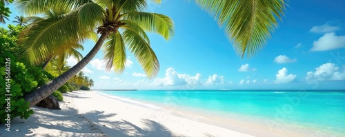 Empty, sun-drenched tropical beach with pristine white sand, turquoise water, and lush green palm trees swaying gently in the breeze A perfect postcard scene of idyllic paradise , horizon, ocean