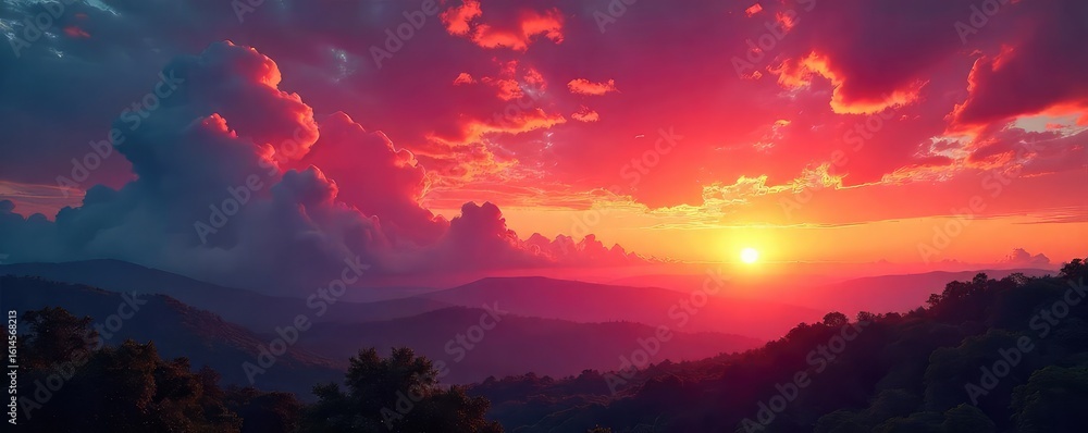 Fototapeta premium Fiery sunrise paints the sky in vibrant shades of red, orange, and pink, illuminating a tranquil landscape Clouds glow with intense color, a breathtaking natural spectacle , image, red sky, orange