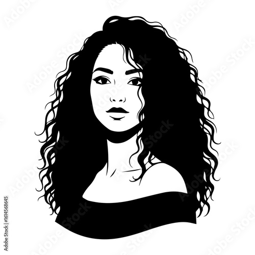 Stylish black and white illustration of a woman with voluminous curly hair.