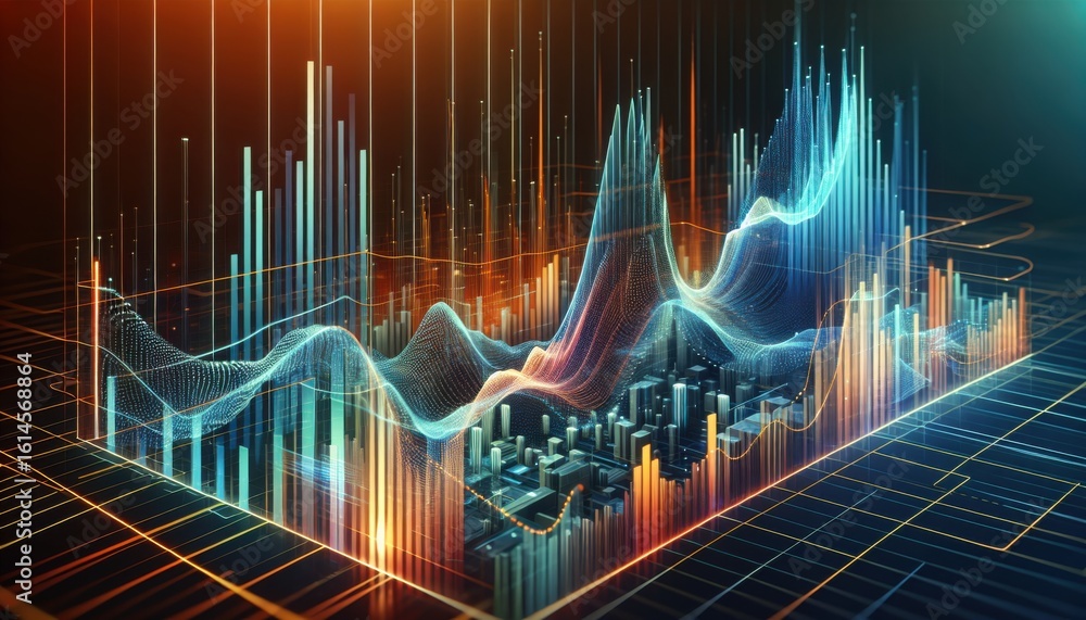 Naklejka premium Futuristic Digital Data Visualization with Glowing Waveforms and Bar Graphs