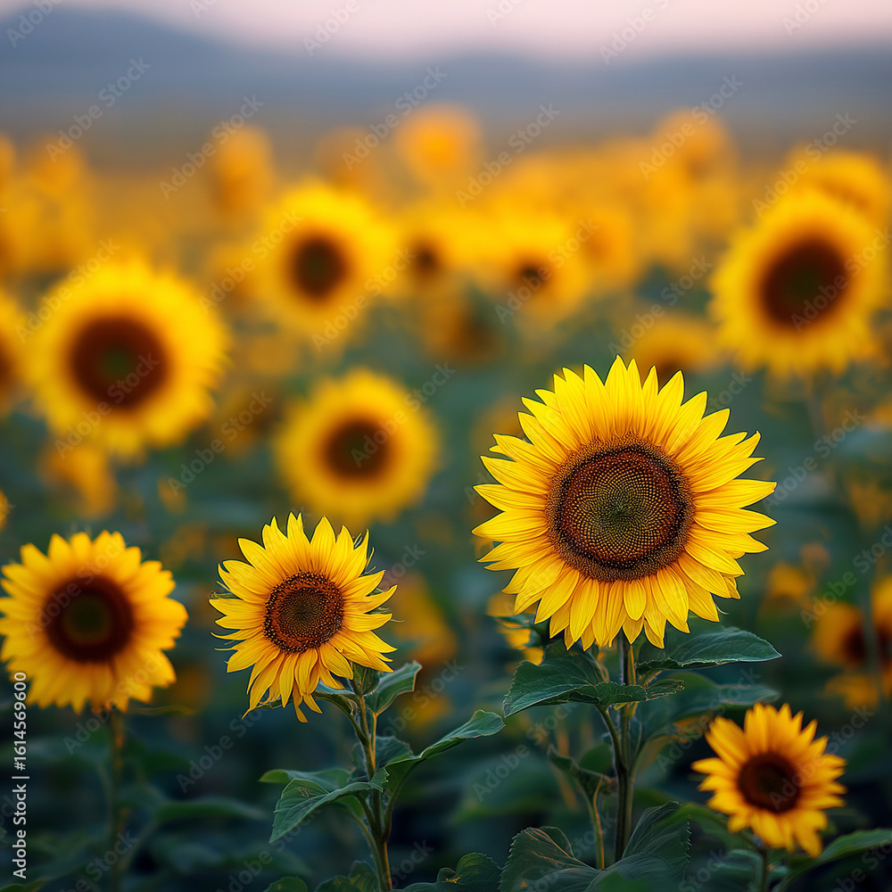 Fototapeta premium Close-up view of a pretty sunflower field