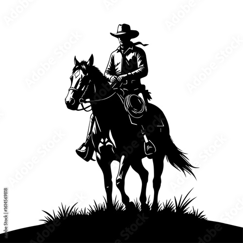 Silhouette of a cowboy riding a horse, holding a lasso, on a grassy hill against a white background.