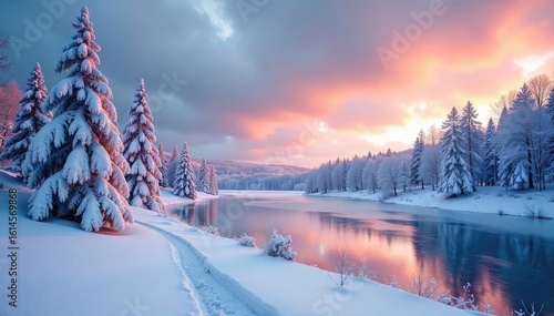 Serene winter landscape featuring snow-covered trees, a frozen lake, and a dramatic sky Perfect for winter, nature, and holiday themes Ideal for calendars, websites, and more , stunning, image