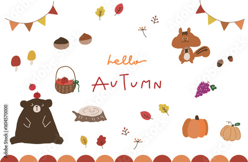 秋イラスト素材セット 森　動物　落ち葉　くり　かぼちゃイラスト