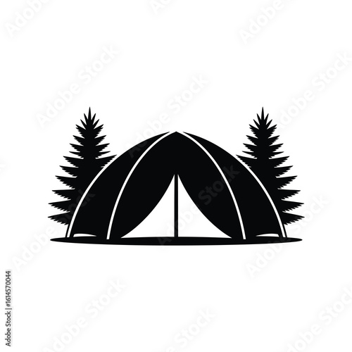 Camping tent and pine trees silhouette isolated on white background