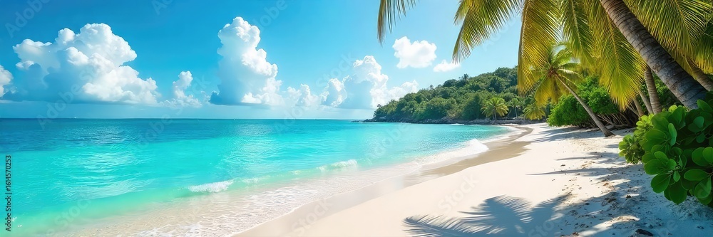 Fototapeta premium Sun-drenched white sand beach, turquoise water lapping gently at the shore, lush tropical vegetation framing the idyllic scene Perfect for travel, vacation, and paradise themes , green, relaxation