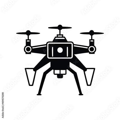 Black and white silhouette of a drone with propellers and landing gear