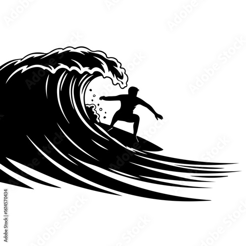 Silhouette of a surfer riding a large, curling ocean wave.