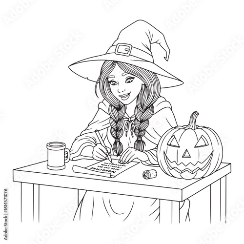 Witch writing a letter at a desk with a pumpkin nearby