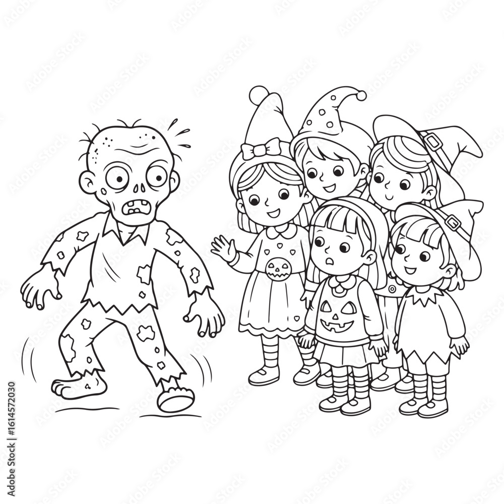 Naklejka premium Cartoon zombie approaching group of children in costumes