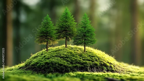 Mossy mound topped by three small pine trees in forest