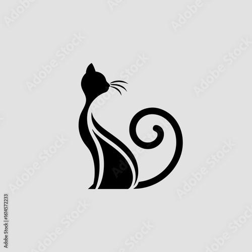 Black cat silhouette with curled tail on a white background animal