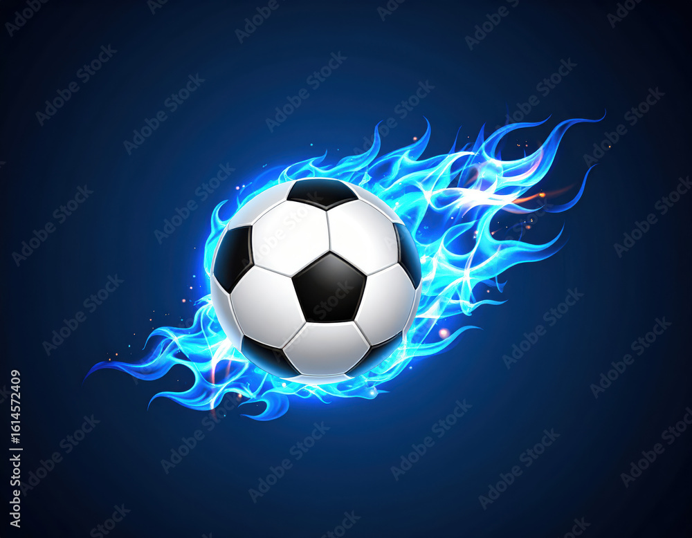 Obraz premium Soccer ball engulfed in vibrant blue flames on a dark background