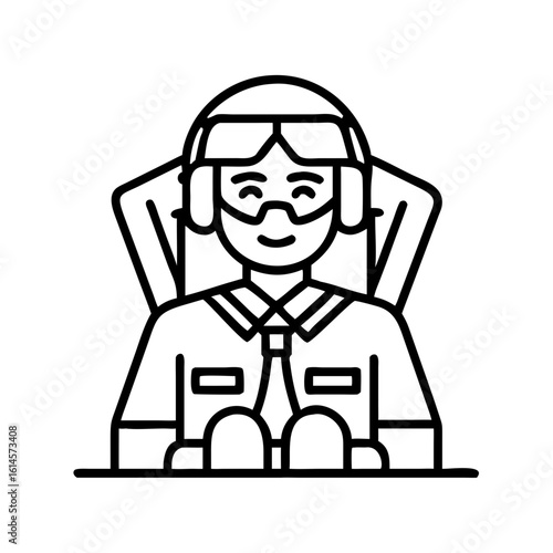 Vector art of a stylized black and white illustration of a pilot wearing a helmet and goggles sitting in an aircraft cockpit ready for flight